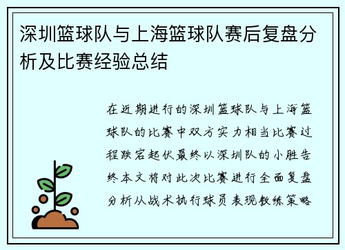 深圳篮球队与上海篮球队赛后复盘分析及比赛经验总结