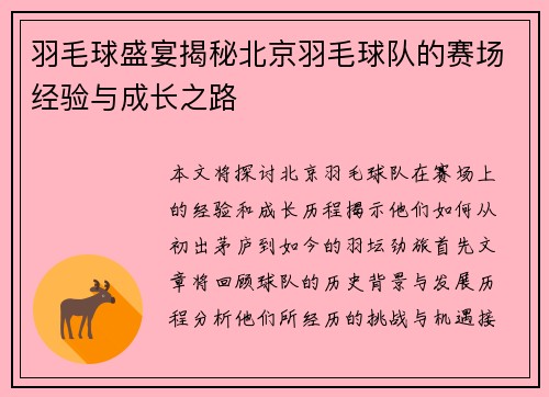 羽毛球盛宴揭秘北京羽毛球队的赛场经验与成长之路